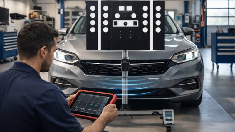Mechanic calibrating ADAS system in workshop