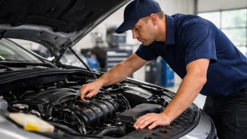 Mechanic inspecting car engine in workshop