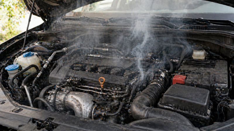 Car engine bay with smoke rising