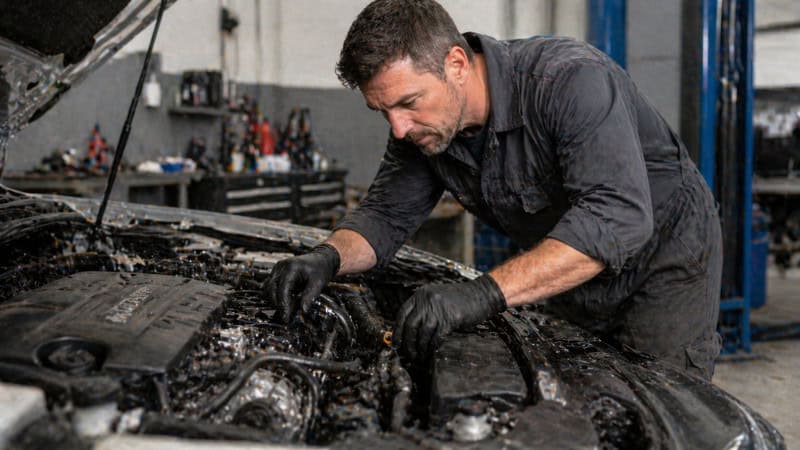 Mechanic working on an engine bay