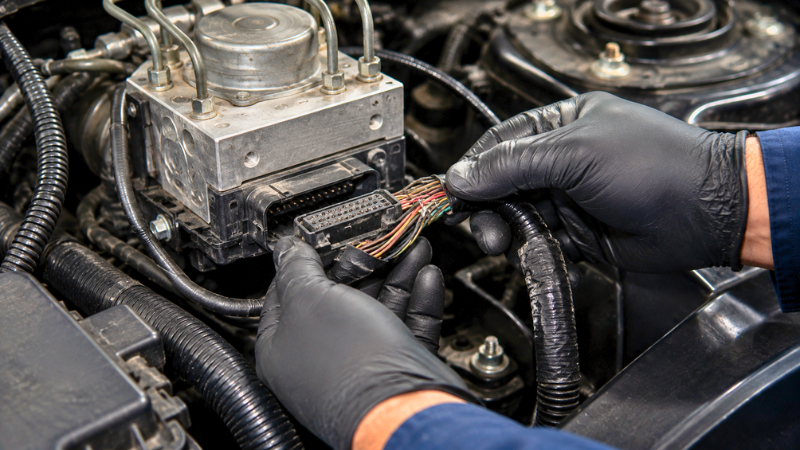 Hands Inspecting ABS Module Connector